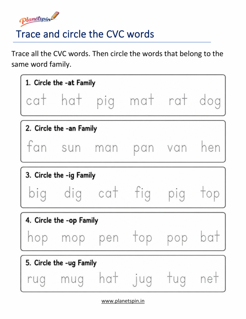 Sentence Trace Cvc CVC words tracing worksheets for kindergarten | Planetspin.in