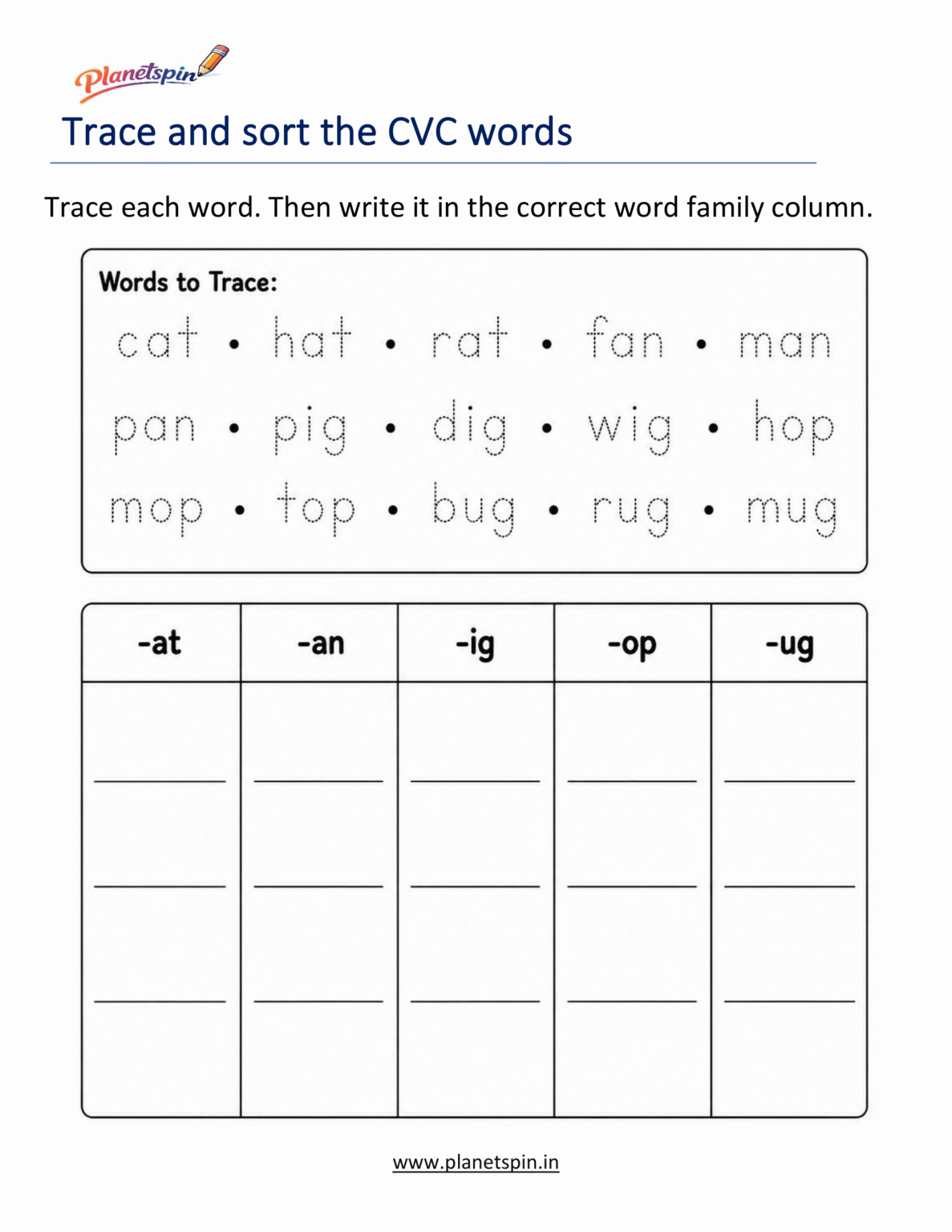 Sentence Trace Cvc CVC words tracing worksheets for kindergarten | Planetspin.in