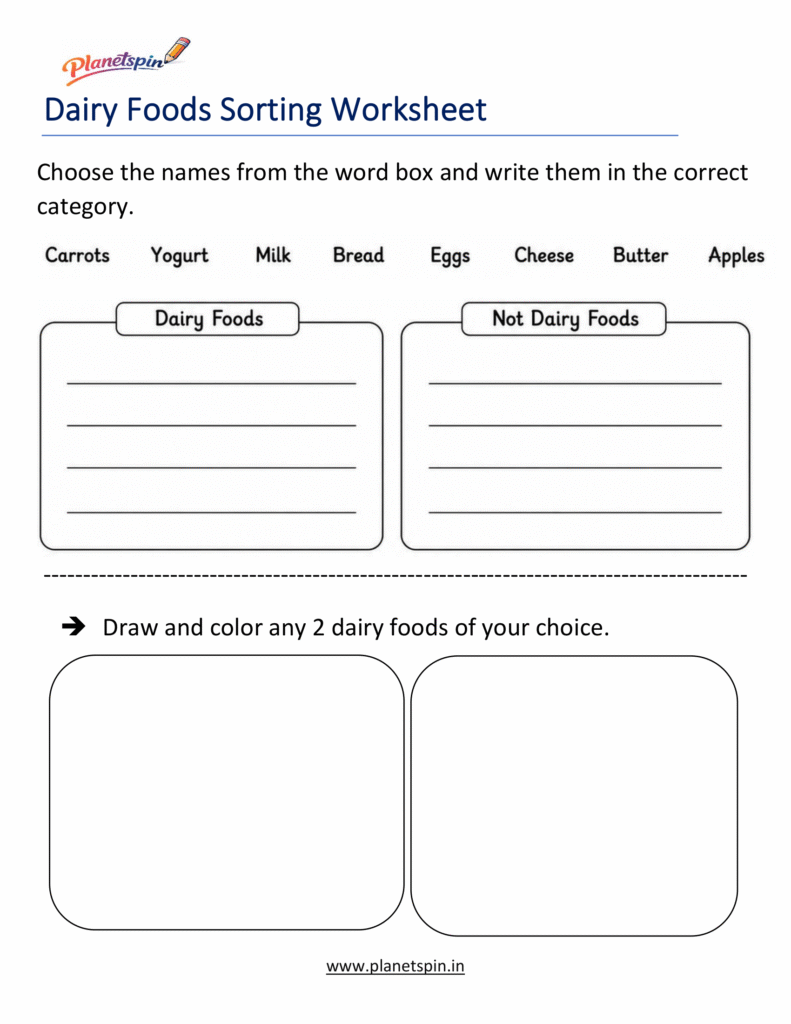 Dairy foods sorting activity for first grade