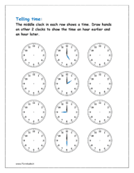 Draw hands in 2 clocks to show an hour earlier and later time (Clock activity sheets)