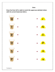 O to T: Draw line from left to right to match the uppercase alphabet letters with the correct lowercase letters