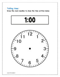 1 o'clock: Draw clock needles (Clock activity sheets)