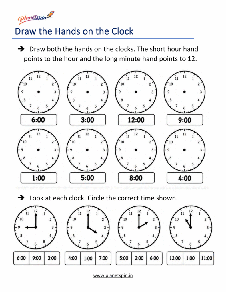 Telling Time to the Hour Worksheets for Grade 1