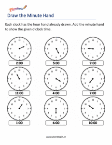 Draw the minute hand worksheet for grade 1