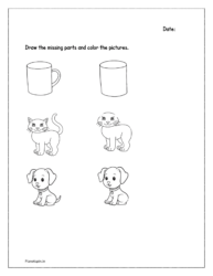 Draw the missing parts of the objects and color the pictures