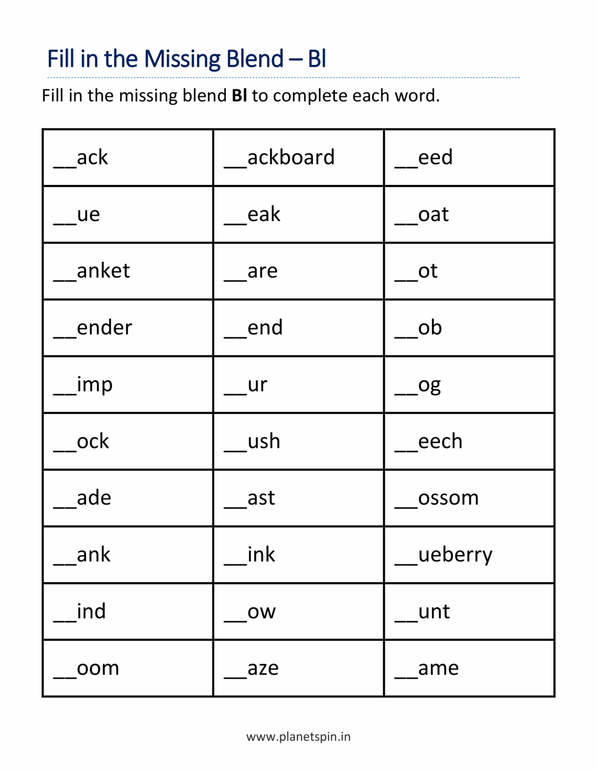 Bl blends worksheet for kindergarten (Free Printable PDF)