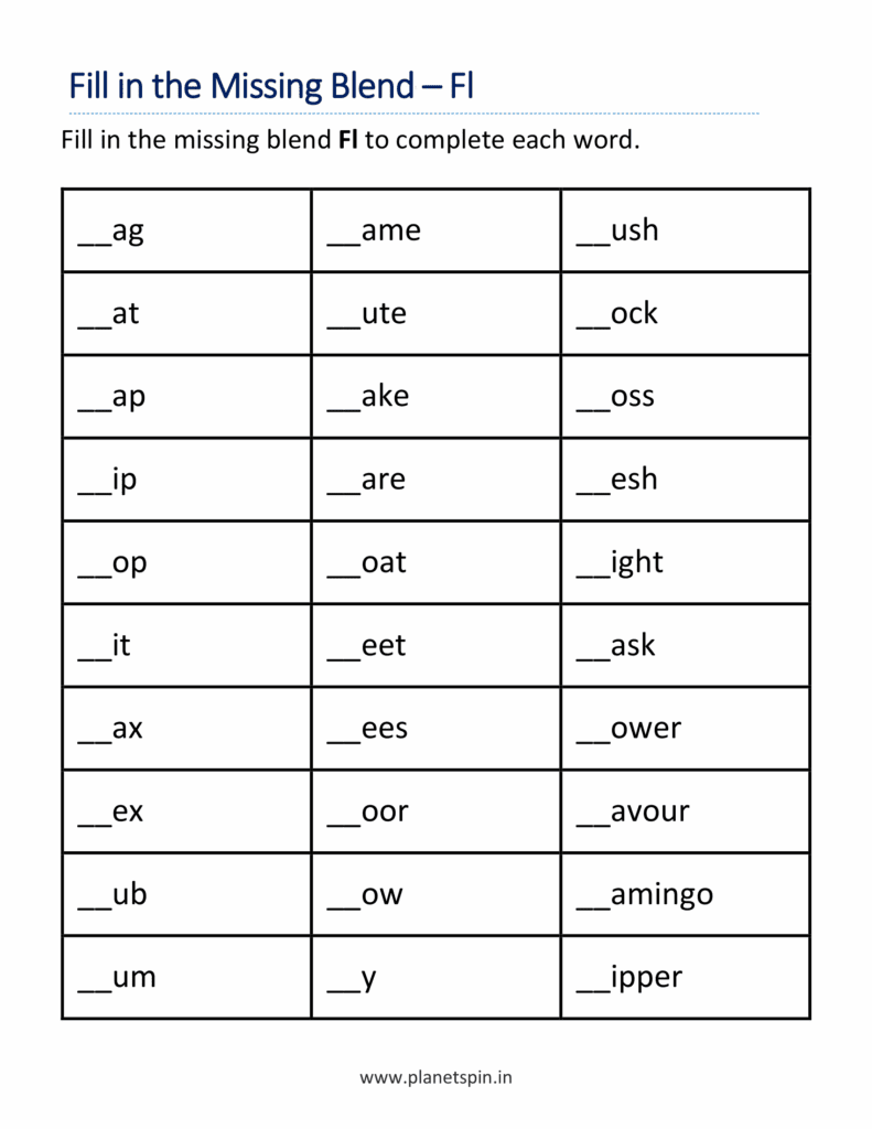 Fl blends worksheets for kindergarten (Free Printable PDF)