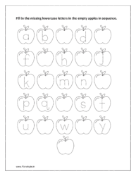 Apples with letters: Fill in the missing lowercase letters in sequence in the empty apples