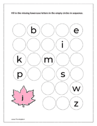 Circles with letters: Fill in the missing lowercase letters in sequence in the empty circles