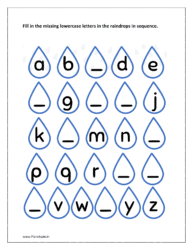 Raindrops with letters: Fill in the missing lowercase letters in sequence in the empty raindrops