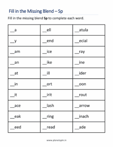 fill in the missing sp blend words worksheet