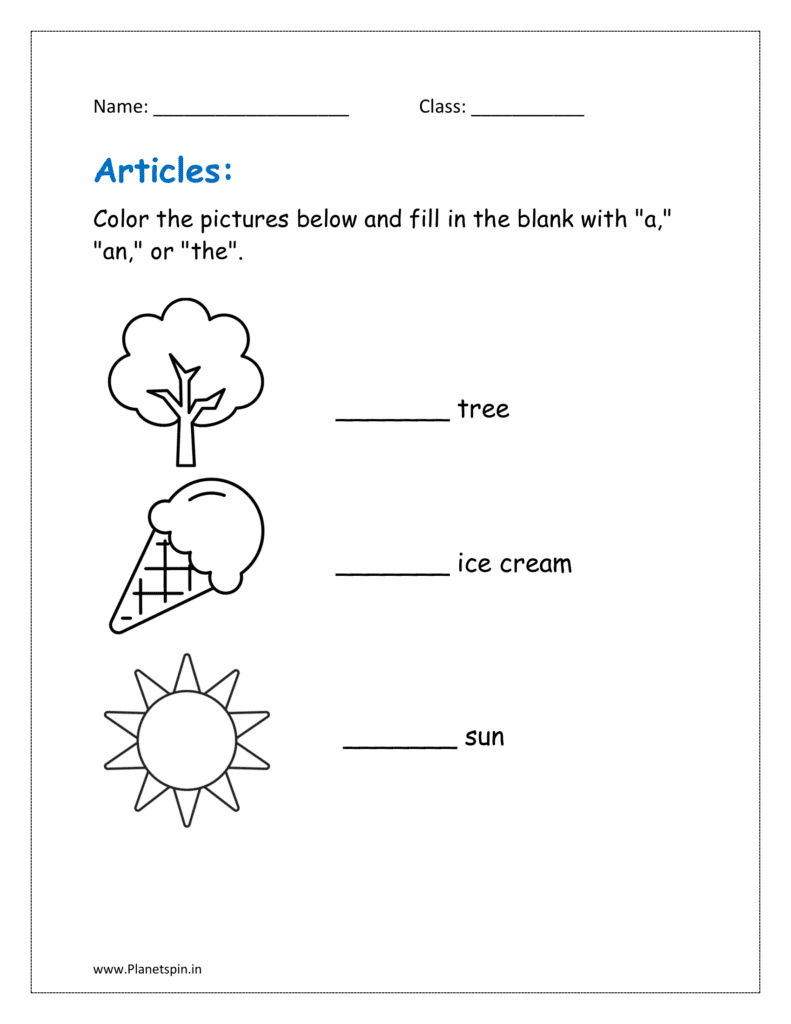 grammar articles worksheet for class 1
