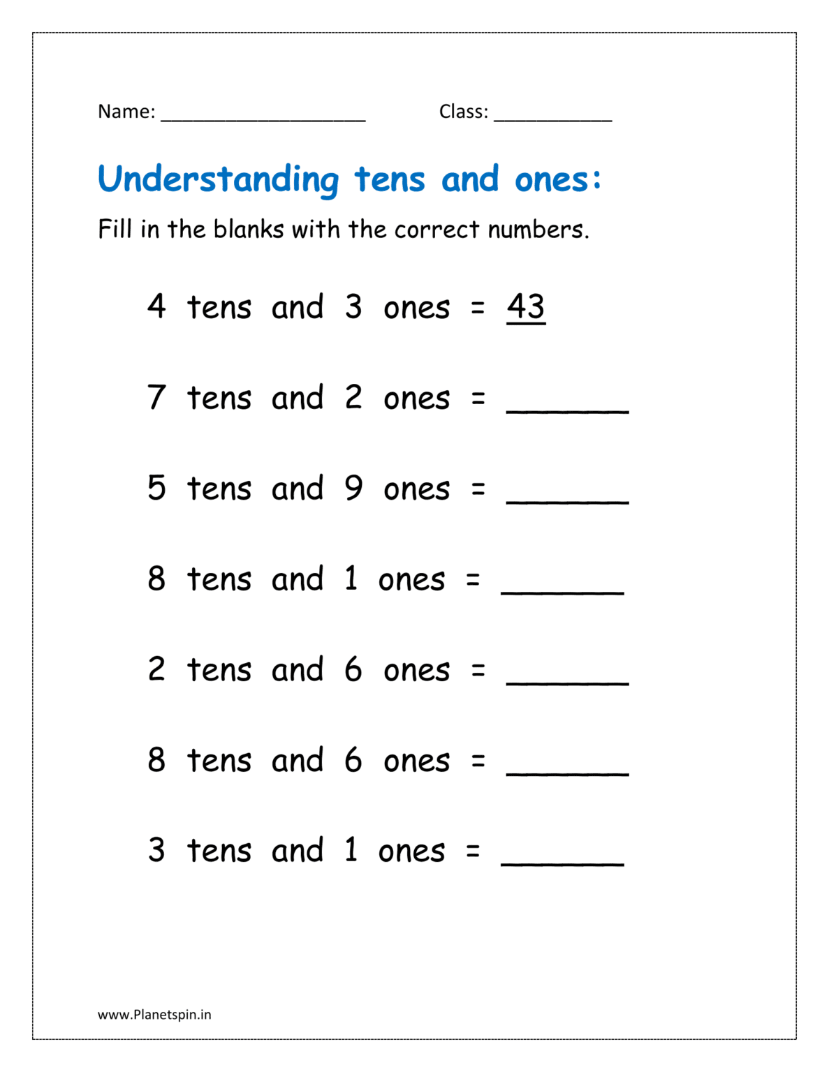 Tens and ones worksheet for grade 1 | Planetspin.in