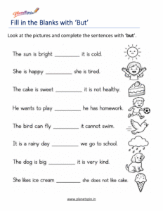 Fill in the blanks with but conjunction worksheet for grade 1