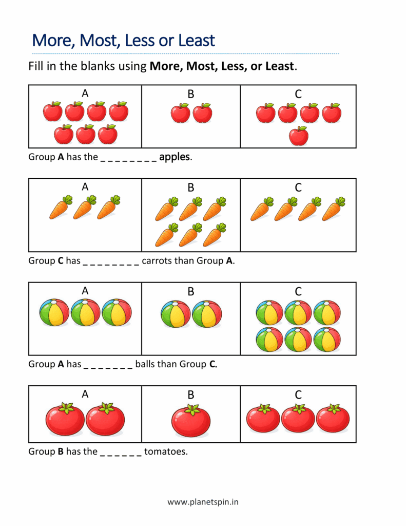 More Most Less Least worksheets for kindergarten | Planetspin.in