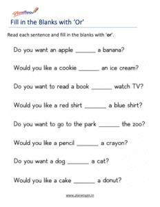 Fill in the blanks with or conjunction worksheet for grade 1