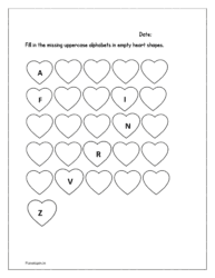 Heart shapes: Fill in the missing uppercase alphabets in empty heart shapes (Alphabet letters in order)