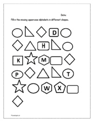 Different shapes: Fill in the missing uppercase alphabets in different shapes (Alphabet letters in order)