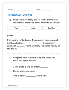 Transition words sentences worksheets for grade 1 | Planetspin.in