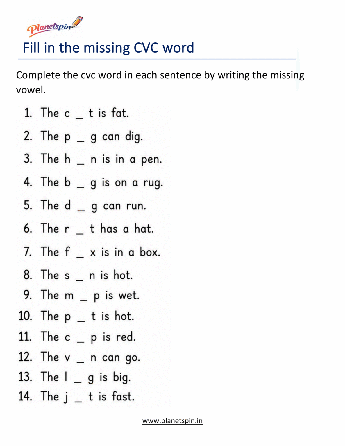 CVC simple sentences worksheets for kindergarten | Planetspin.in