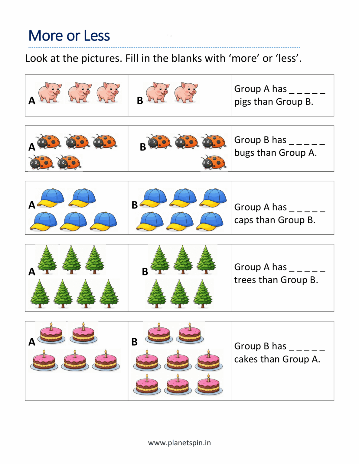More and less worksheets for kindergarten | Planetspin.in