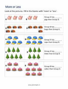 Fill in the blanks with more or less for kindergarten