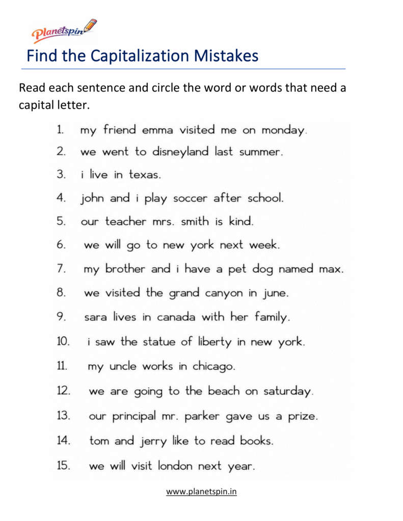 Capitalization worksheets for Grade 1