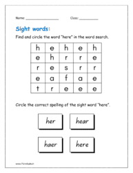 here: Find and circle the word “here” in the word search