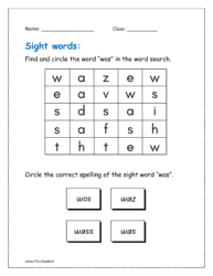 was: Find and circle the word “was” in the word search given in the worksheets pdf for free