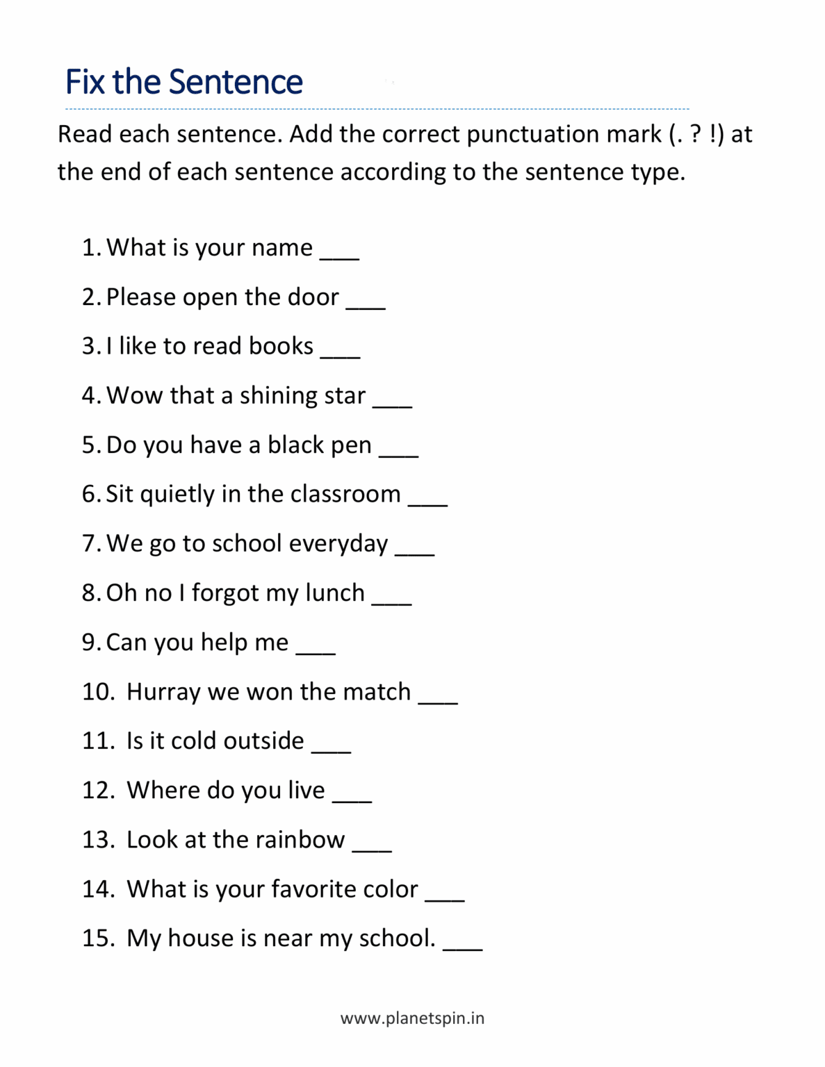Types of sentences worksheet for grade 2 | Planetspin.in