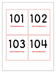 Flash cards of numbers 101 to 104