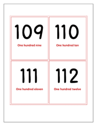 Flash cards of numbers 109 to 112