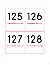 Flash cards of numbers 125 to 128
