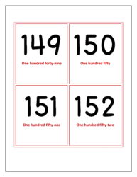 Flash cards of numbers 149 to 152