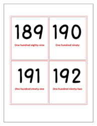 Flash cards of numbers 189 to 192