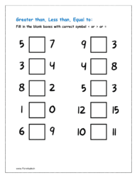 Numbers: Fill in the blank boxes with correct symbol < or > or =  (less than greater than worksheet for class 1)
