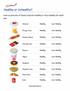 Healthy and less healthy food worksheet for first grade