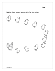 Help the chicks to count backwards to find their mother (Backward counting worksheet for kindergarten)