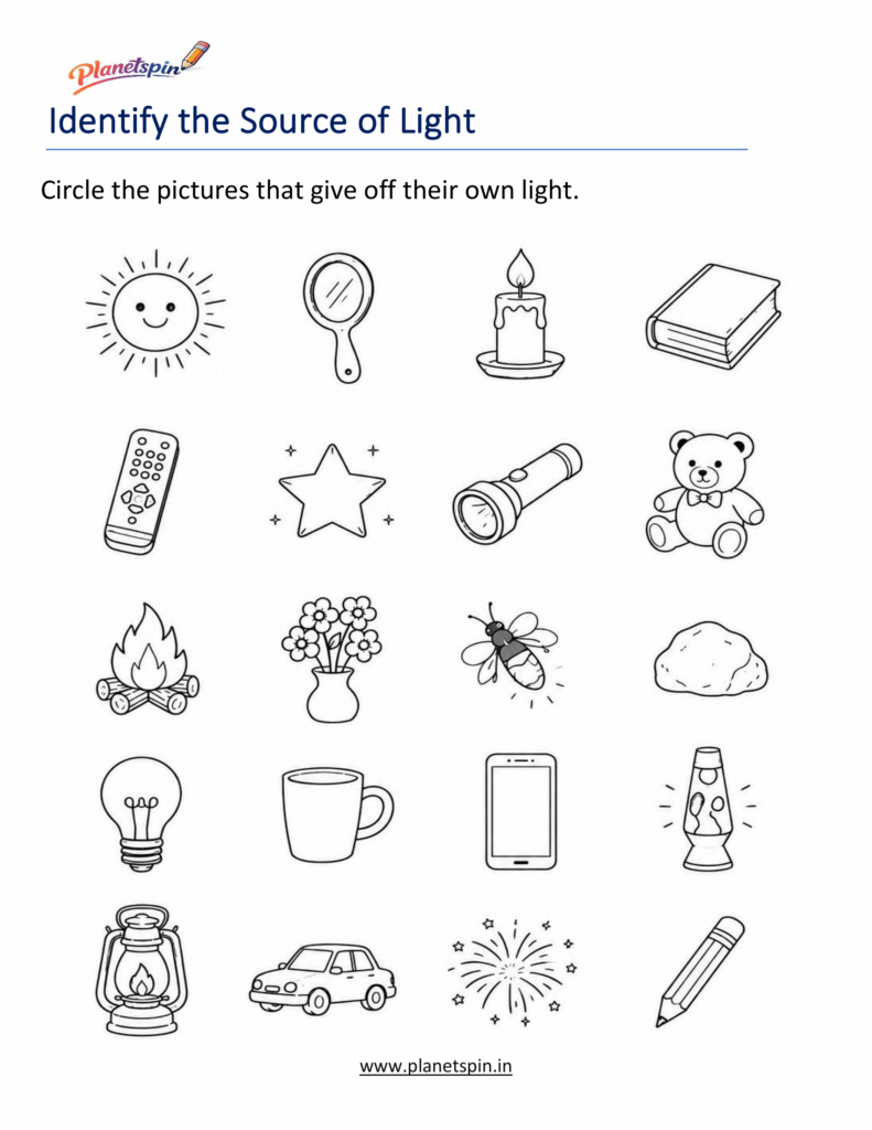 Sources of light worksheets for grade 1