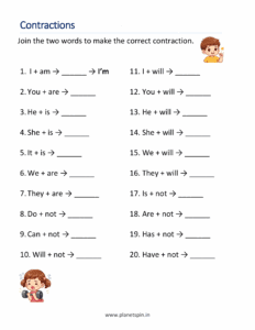 Contractions worksheet to Join the two words to make a contraction.