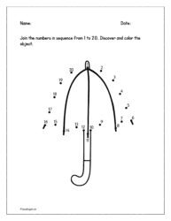 Join the numbers in sequence from 1 to 20 dot to dots and discover the object in the worksheets