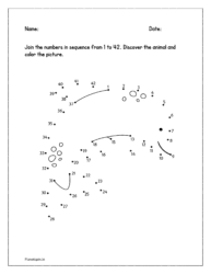 Join the numbers in sequence from 1 to 42 dot to dot and discover the animal in the worksheet