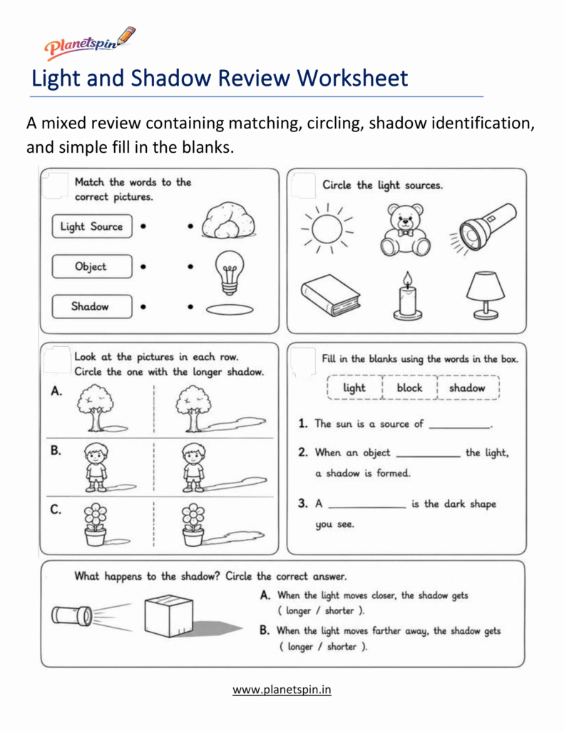 Light and shadow worksheets for grade 1
