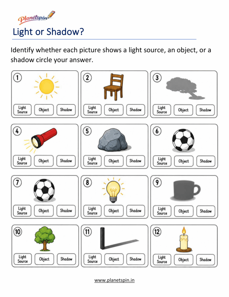 Light and shadow worksheets for grade 1
