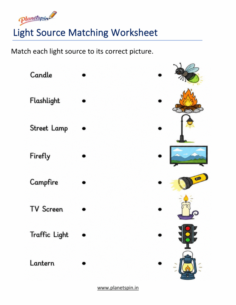 Sources of light worksheets for grade 1
