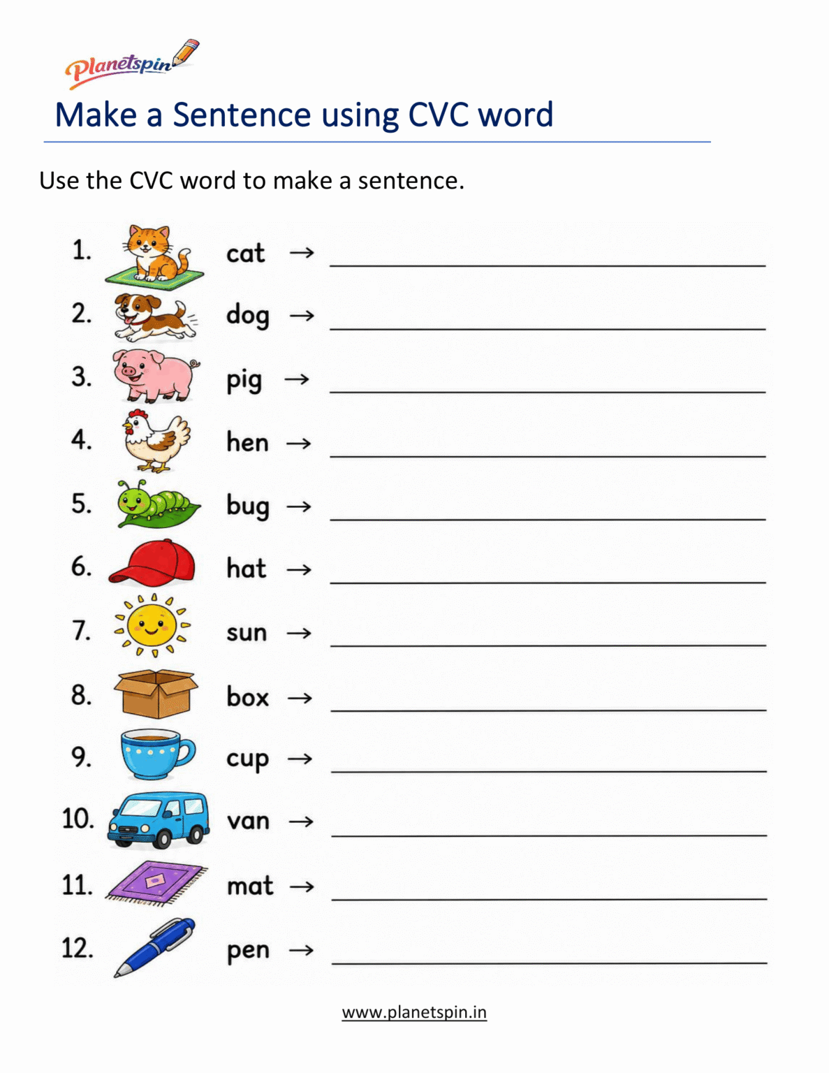 CVC simple sentences worksheets for kindergarten | Planetspin.in