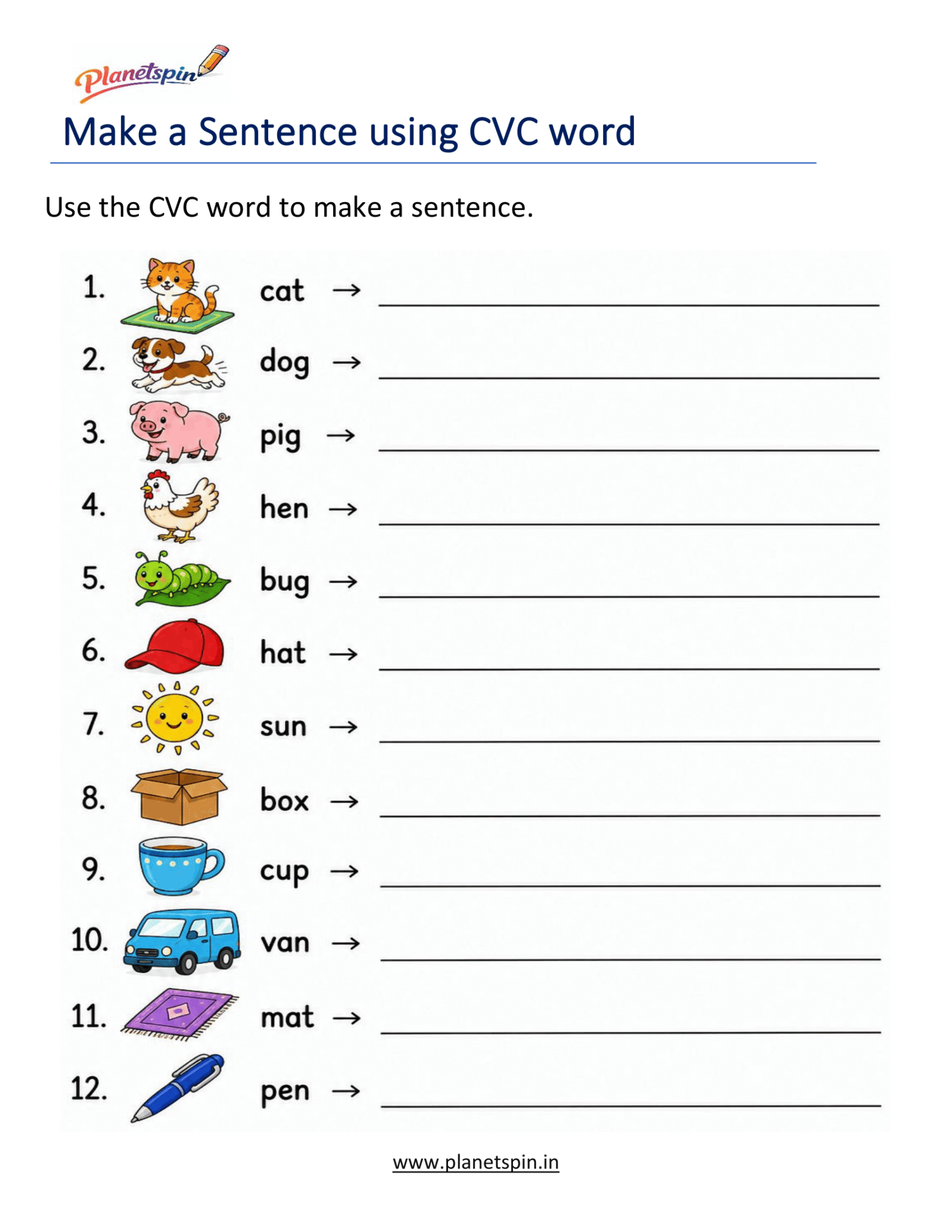 Sentence Use Cvc Word CVC simple sentences worksheets for kindergarten | Planetspin.in