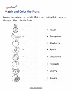 Printable fruit identification and coloring worksheet for kindergarten