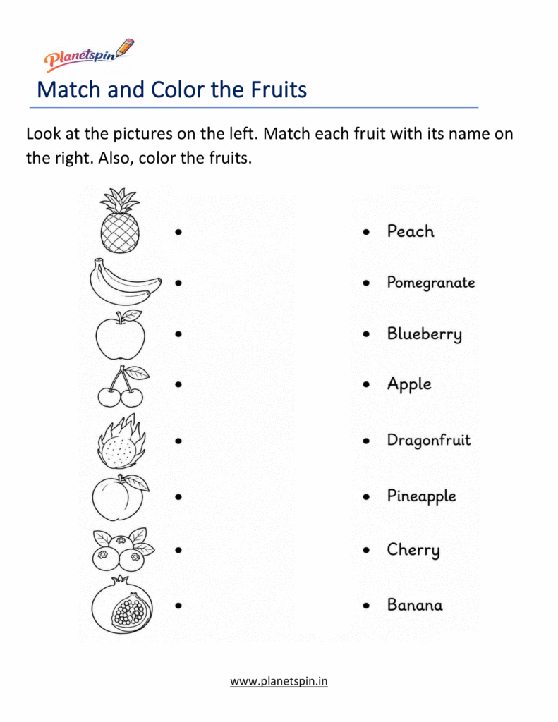 Find and Color the Fruits Worksheets for Kindergarten
