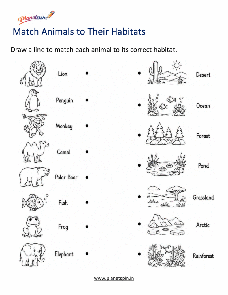 Animal habitats matching science worksheet